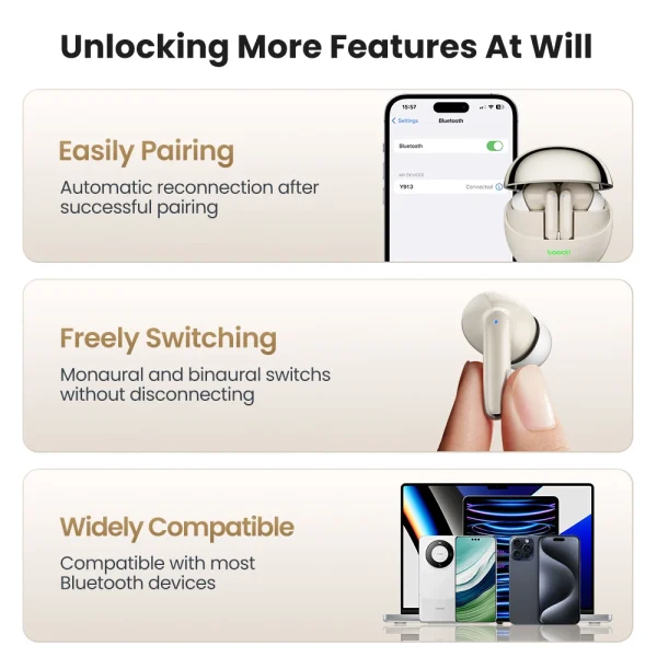 Toocki Bluetooth Earphones True Wireless Bluetooth 5.3 HiFi Stereo Headphones Touch Control Sports Earbuds For Xiaomi iPhone 15 - Image 6